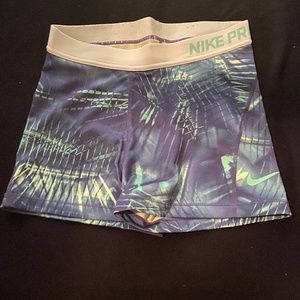 Nike Pro 3” purple and teal green compression shorts